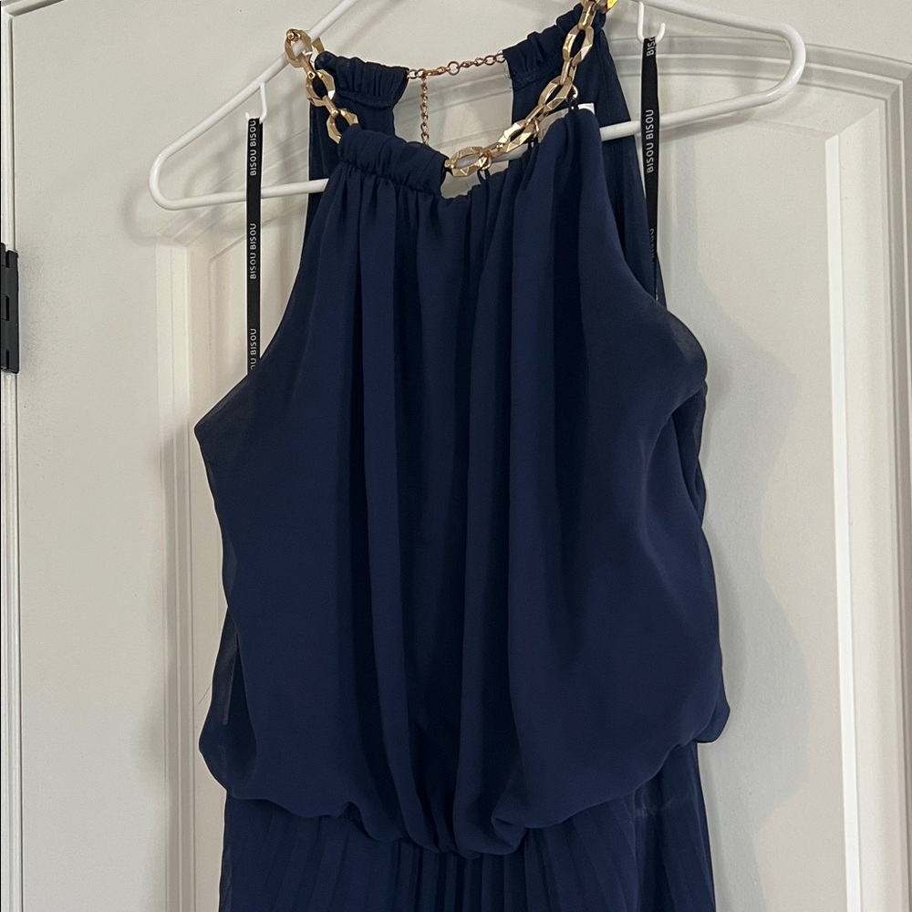 Bisou Bisou Navy Pleated Halter Maxi Dress with Chain Accent - Picture 5 of 10
